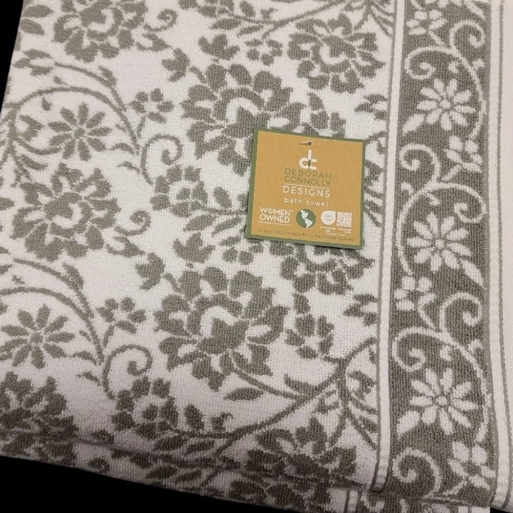 6pc Deborah Connolly Floral Scroll Damask Bath Hand Tip Towel Set Gray White NEW